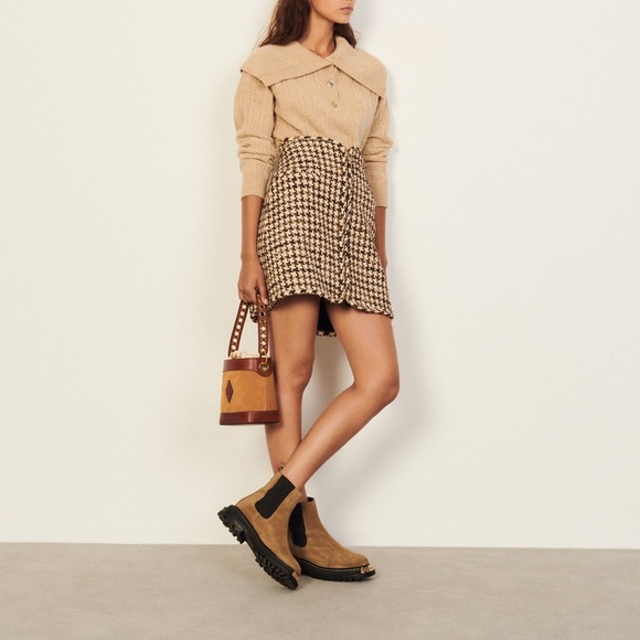 Sandro Paris Brown Cream Houndstooth Tweed Boucle Zip A-line Skirt FR 1 US 4 36 - Picture 1 of 6